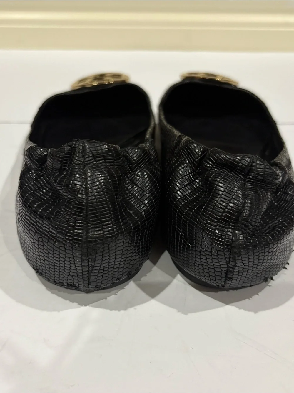 Tory Burch Black Leather Logo Cap-Toe Ballet Flats with Gold Emblem